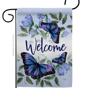 purple butterflies welcome garden flag