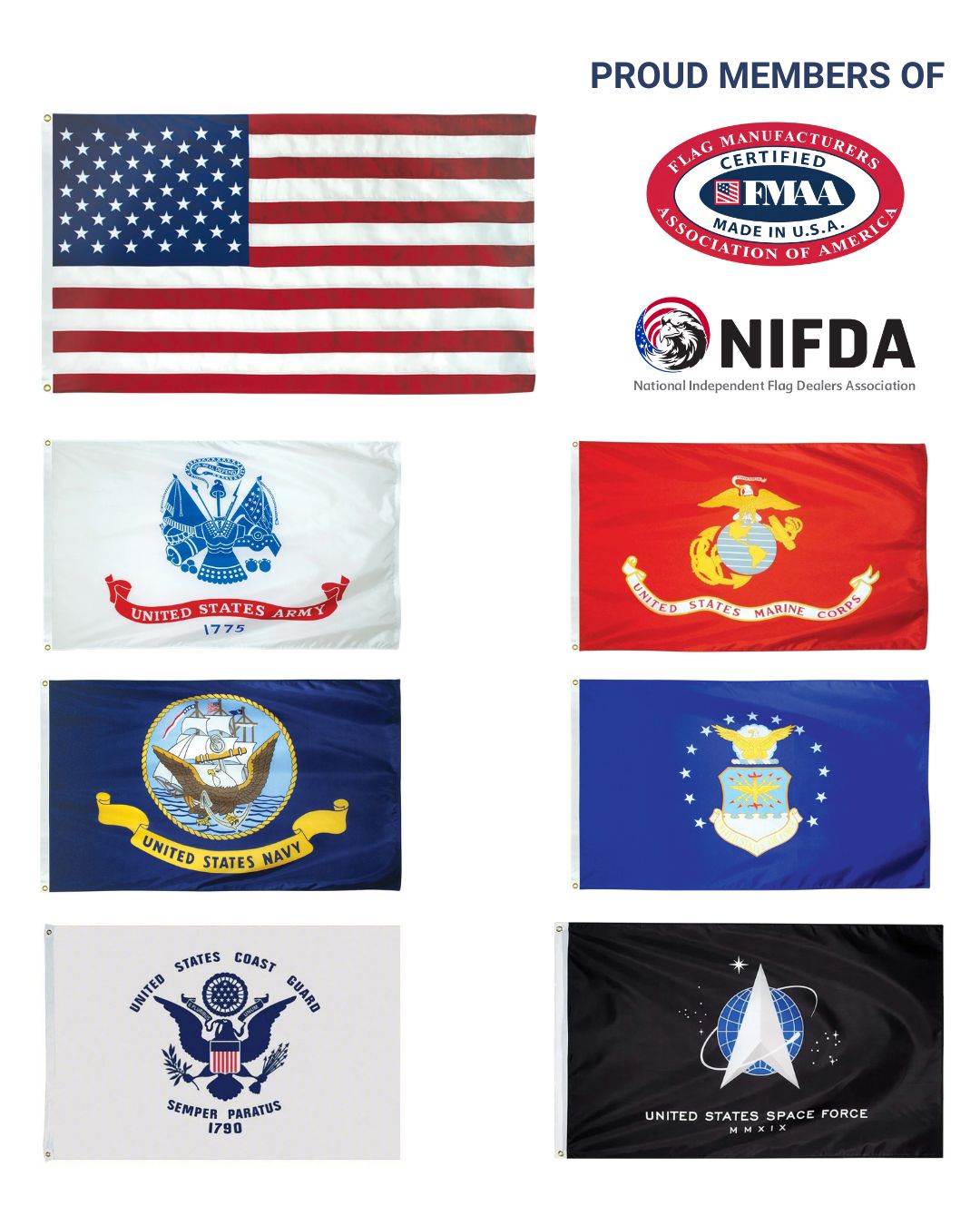 American Flag With Six Military Branch Flags Representing U.S. Armed Forces